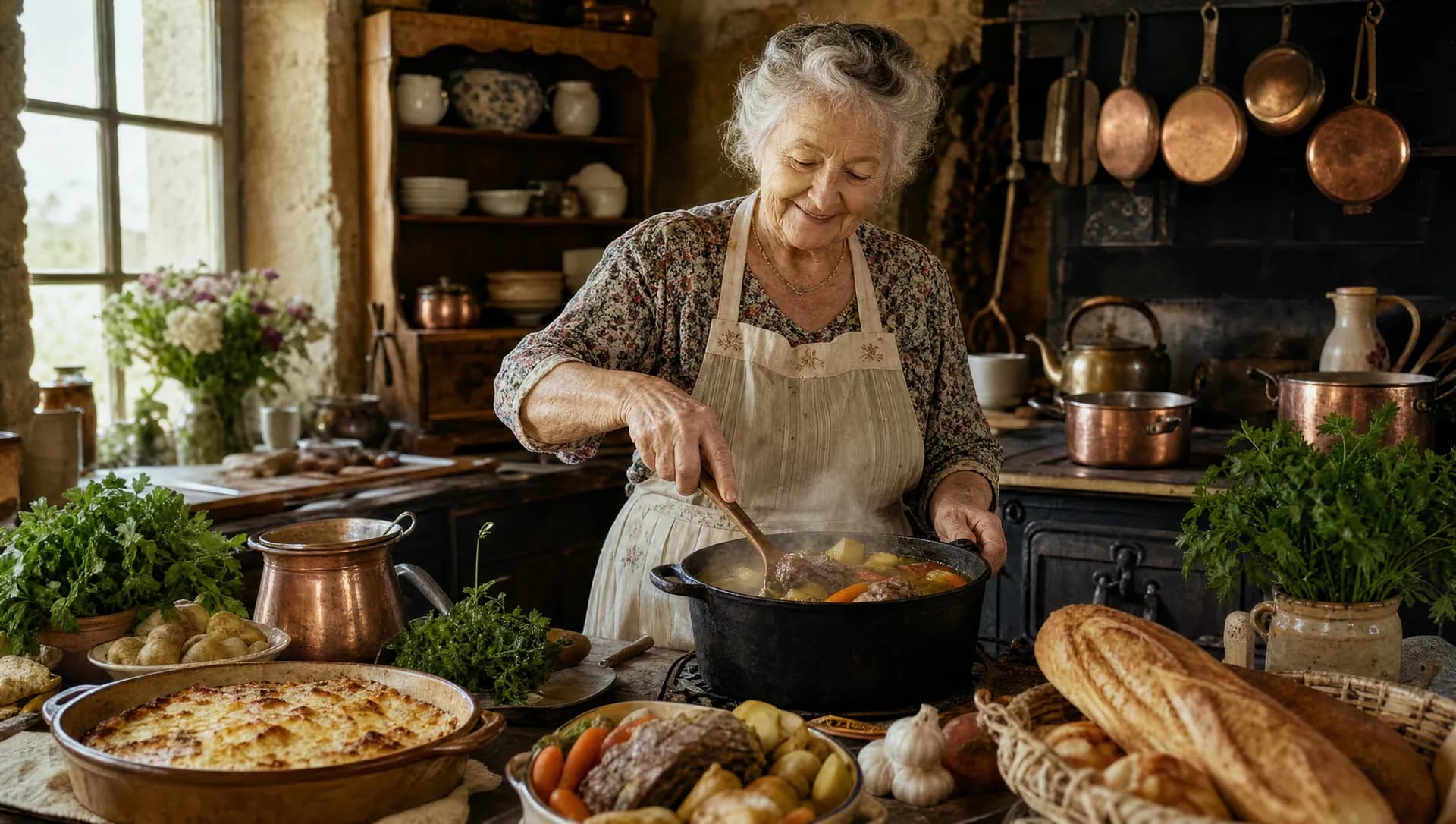 Grand-mère préparant un pot-au-feu dans une cuisine de ferme française, entourée de cuivres et de légumes frais